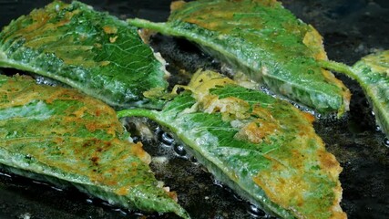 Korean food : Kkaennipjeon(Pan-fried battered perilla leaves). Korean ritual food usually eaten on holidays.
