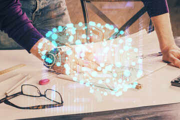 Man with multi exposure brain theme icons.