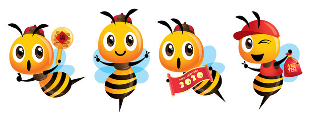 Chinese New Year bee set. Cartoon cute bee holding Couplet scroll sign, holding a honey dipper, Lucky bag and wearing ancient cap. Translation: Lucky