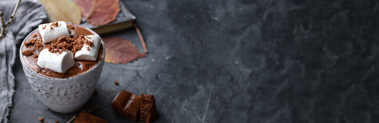 Hot chocolate and marshmallows. Hot Cocoa in a white cup. Dark background. Autumn drink concept. Copy space.