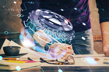 Writing Man hands with data theme multi exposure icons.