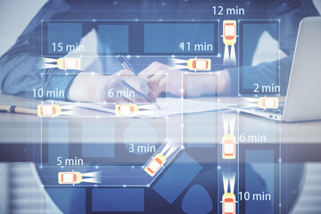 Human hands background and autonomous self drive pilot vehicle concept. Multi exposure.