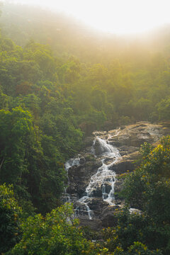 Landscape photo of A waterfall flowing from the black rock with warm light. There are many lush trees in the forest. Feeling fresh, relaxed, and freedom. Ideas for climbing background with copy space.