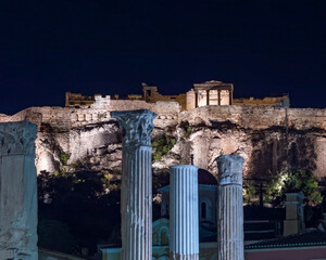 night view of ancient Greek temple on Acropolis of Athens, Greece