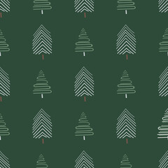 White fir-trees on green background seamless pattern. Sketch winter trees for christmas and holiday simple designs.