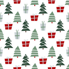 Friendly scandinavian seamless pattern with christmas trees and presents on a white background. Stylized winter trees digital paper.
