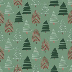 Green nordic seamless pattern with christmas trees. Stylized dark green and red winter trees on light green background.