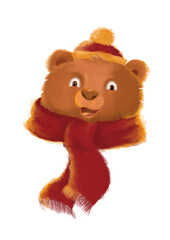 Hand-painted cartoon bear illustration. Winter bear design. Christmas bear drawing with red hat and scarf.