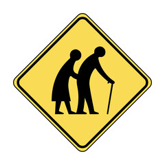 Elderly people crossing traffic sign. Yellow diamond shaped warning road sign with old couple pictogram inside. Vector illustration of caution against pedestrians.