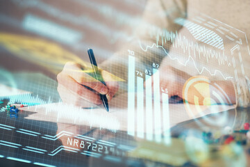 Technology theme hologram over woman's hands taking notes background. Concept of Tech. Double...