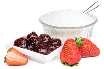 Strawberry jam, fresh berries and sugar