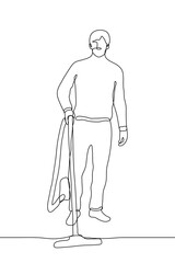 man in full growth stands holding the handle of a vacuum cleaner. one line drawing of a man cleaning with a vacuum cleaner