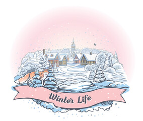 Illustration of a winter landscape, with a Fox and winter village. And ribbon in the form of a graphic element with for signature.