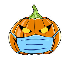 illustration of pumpkin head character wear mask on isolate white background. flat design vector.