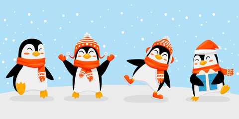 Cute Christmas penguin and snow Vector and illustrations 