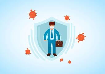 Businessman wearing virus protective medical mask and suit holding briefcase. Business protection from COVID-19 concept. Stop coronavirus spreading. Vector illustration.