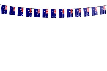 wonderful many Australia flags or banners hanging on string isolated on white - any holiday flag 3d illustration..
