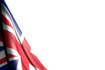 beautiful anthem day flag 3d illustration. - isolated photo of United Kingdom (UK) flag hangs diagonal - mockup on white with space for content