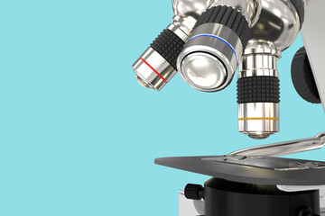 96 MPx high resolution renders of lab microscope with fictive design isolated on blue - photorealistic 3d illustration of object