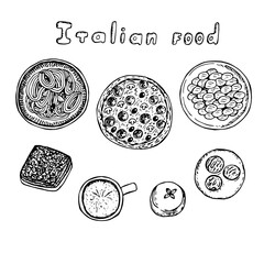 Set of Italian food, vector illustration, pasta, pizza, gnocchi, tiramisu, panacotta and coffee, hand drawing
