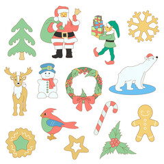 Christmas set consisting of Santa with a bell, an elf carrying gifts, a snowman, snowflakes, a deer, wreath, polar bear birdies, gingerbread man, candy canes and mistletoe, vector clip art on white is