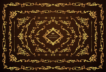vintage ornament set. borders and frames. black background.
