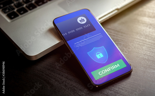 Fototapete Mobile Payment And Online Shopping Via Virtual Mobile Banking Pay Wireless By Credit Bank Card Via Electronic Wallet Or M Banking App Smart Phone With Payment Confirmation On The Screen Bestforbest