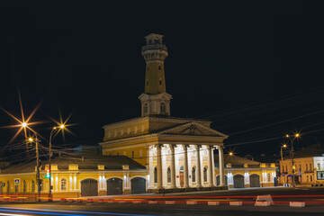 Fototapeta na wymiar Fire tower at night. Landmark in Kostroma, Russia