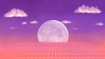 Retro futuristic background vaporwave. Neon geometric synthwave grid, light space with moon abstract cyberpunk design purple 80s disco fantastic graphic glow. 