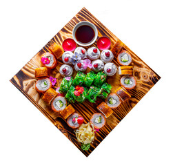 set of sushi roll with salmon, avocado, cream cheese, cucumber, rice, caviar, eel, tuna in wooden plate isolated on white background