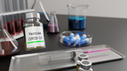 The COVIC-19 vaccine and the anti-coronavirus drug are placed on a table in a lab.