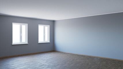 Obraz na płótnie Canvas 8K Ultra HD Empty Interior Corner with Parquet Floor, Two White Plastic Windows, and Wooden Plinth with Work Path on Windows 