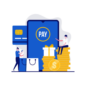 Cash back or money refund concept with character. People stand near smartphone, debit card, pile coins. Saving money. Modern flat style for landing page, mobile app, infographics, hero images