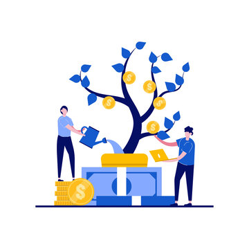 Idea of income, person on profit concepts with character. People watering a plant of money. Financial growth, bank deposit income, wealth. Modern flat style for landing page, mobile app, hero images