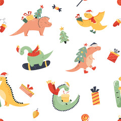Holiday seamless pattern with cute dinos and decorative elements. Christmas design for clothing, decorations