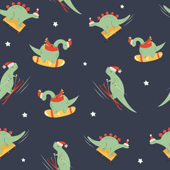 Holiday seamless pattern with cute dinos and decorative elements. Christmas design for clothing, decorations