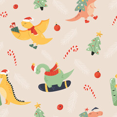 Holiday seamless pattern with cute dinos and decorative elements. Christmas design for clothing, decorations