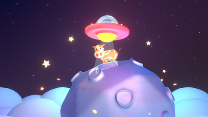 Cartoon UFO cow abduction. 3d rendering picture.