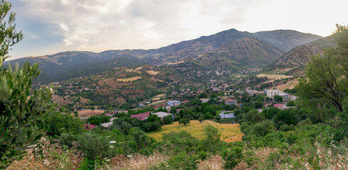 Fototapeta na wymiar a village among the mountains and greenery