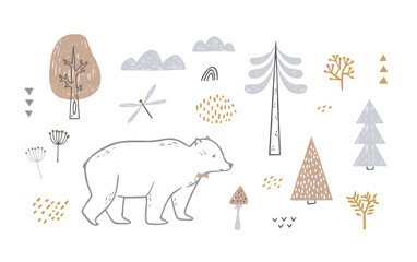 Set with cute bear, trees, clouds. Scandinavian style illustration isolated on white background.