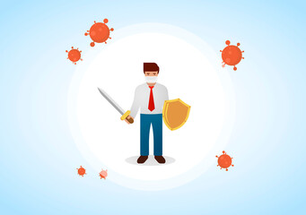 Businessman wearing virus protective medical mask holding sword and golden shield to protect from COVID-19. Stop coronavirus spreading. Vector illustration.