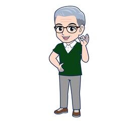 White-haired man in green short sleeves