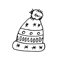 Knitted winter hat with a fluffy pompom. Hand drawing, doodle. Vector.