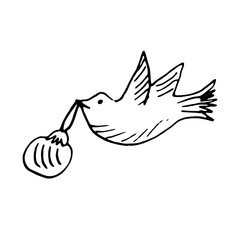 The bird flies with a New Year's toy in its beak. Doodle style. Vector.