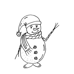 Christmas doodles. Snowman in a New Year's hat and scarf. Vector. Funny new year illustration.