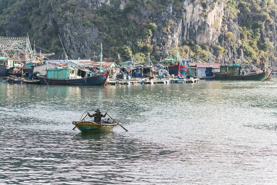 Floating Village on Ha Long Bay, Cat Ba Island, Vietnam, descending dragon bay in Asia