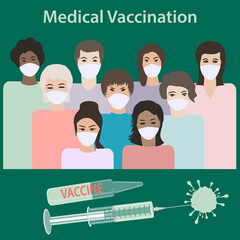Medical vaccination. Group of people wearing masks - vector. Protection against viral infection.
