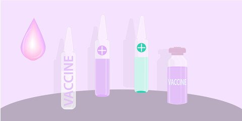 Ampoules with medicine. bottle, drop - vector. Protection against viral infection. Medical vaccination. Banner horizontal.