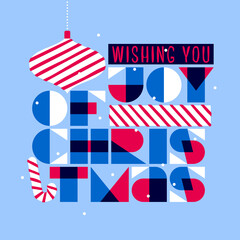 Christmas postcard with stylish seasons greetings and composition of festive elements such as xmas ball, holiday gift, candy cane