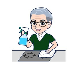 White-haired man in green short sleeves